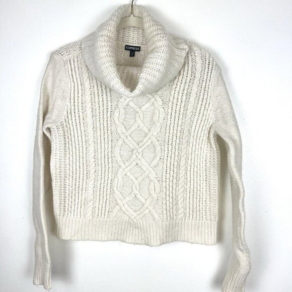 Express Fisherman Cable Knit Sweater Sz M Cowl Neck Cropped Comfy Acrylic Wool - Picture 1 of 9